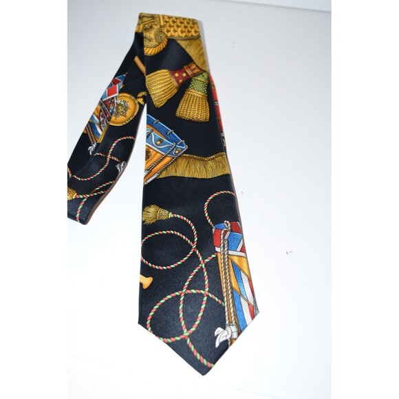 Vtg Hermes Les Tambours Black Gold drums tassels Tie 100% Silk Made in France - Picture 10 of 10